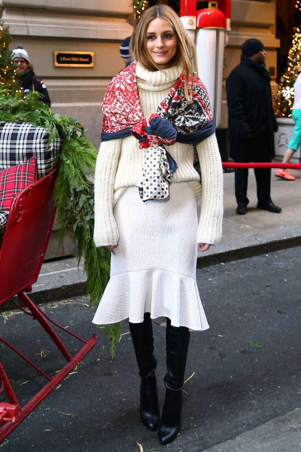 Olivia Palermo Spotted In A Textured Skirt And Patterned Silk Shawl Out And About In New York, 2014