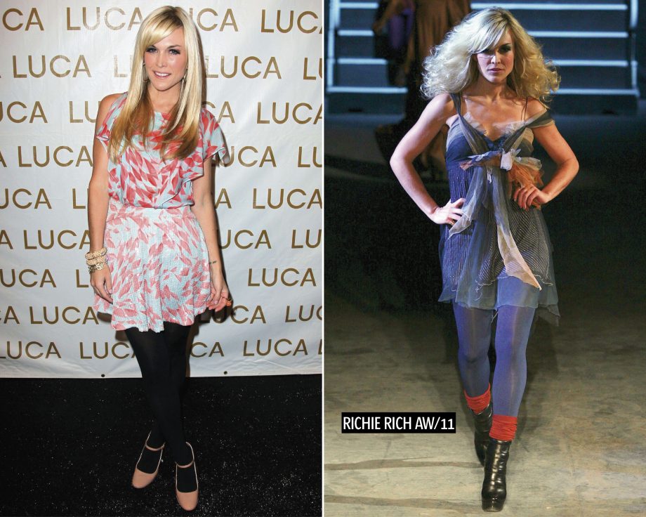 Tinsley Mortimer at the Luca Luca show, left, and on the catwalk for the Richie Rich show, right, during New York Fashion Week