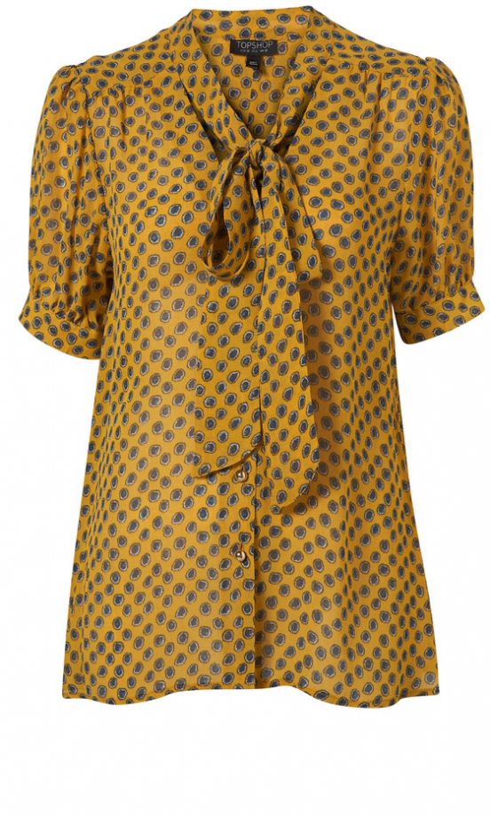 Topshop Yellow Spot Pussybow Short Sleeve Blouse, £36