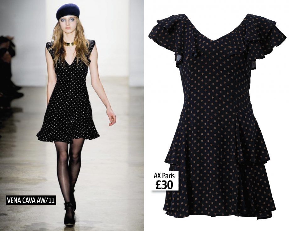 A model on the Vena Cava AW/11 catwalk, left, and a lookalike polka dot dress from high street brandAX Paris