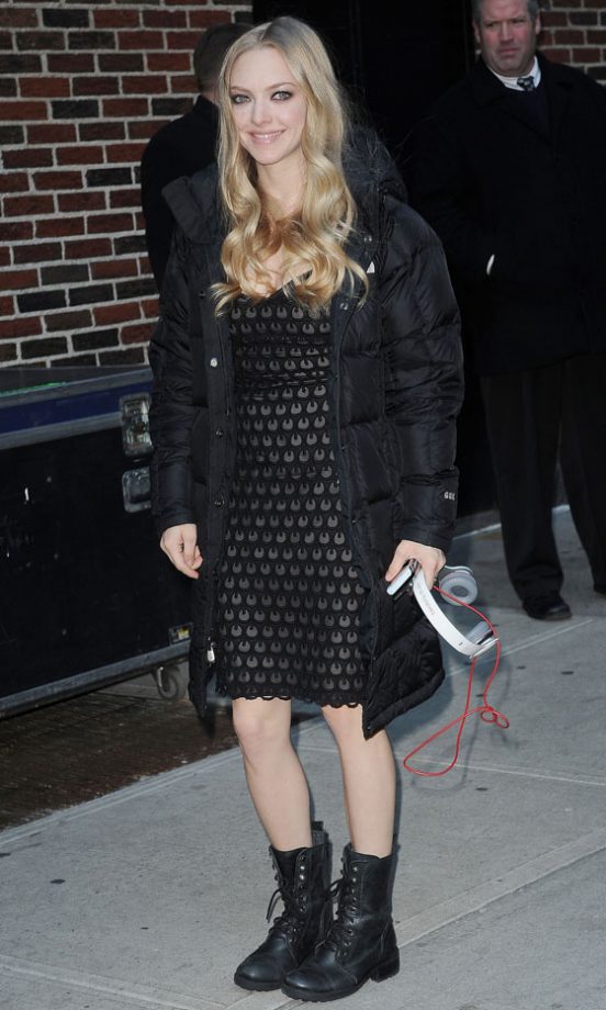 Amanda Seyfried Toughens Up A Pretty Black Dress With Chunky Lace-Up Boots, 2011