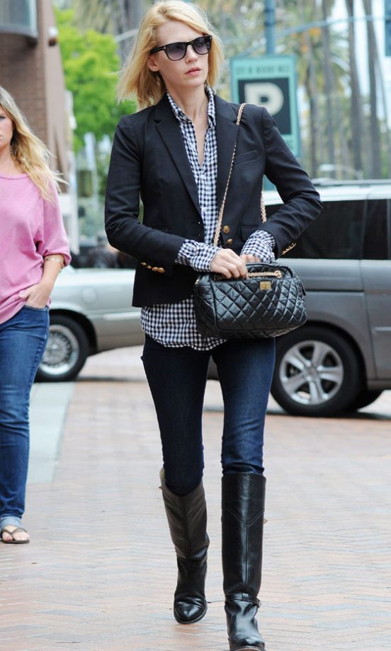January Jones Enjoys A Spot Of Retail Therapy Looking Chic In A Check Shirt And A Quilted Chanel Bag, 2011