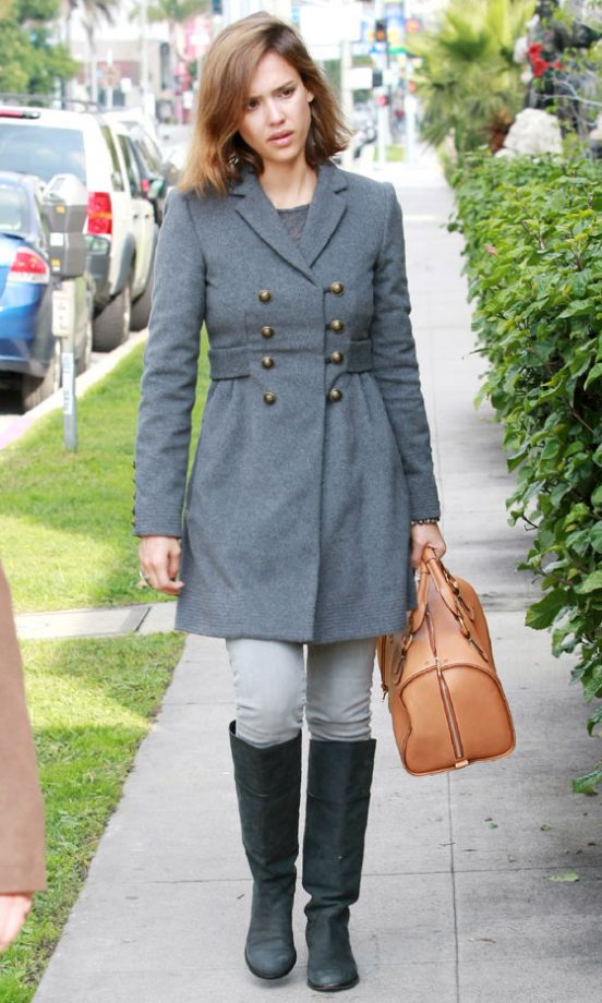 We Love Jessica Alba's Grey Coat And Black Boots Combination, 2011