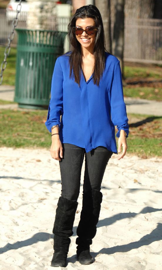 A Statement Blue Blouse Takes Kourtney Kardashian’s Outfit From Drab To Fab, 2011