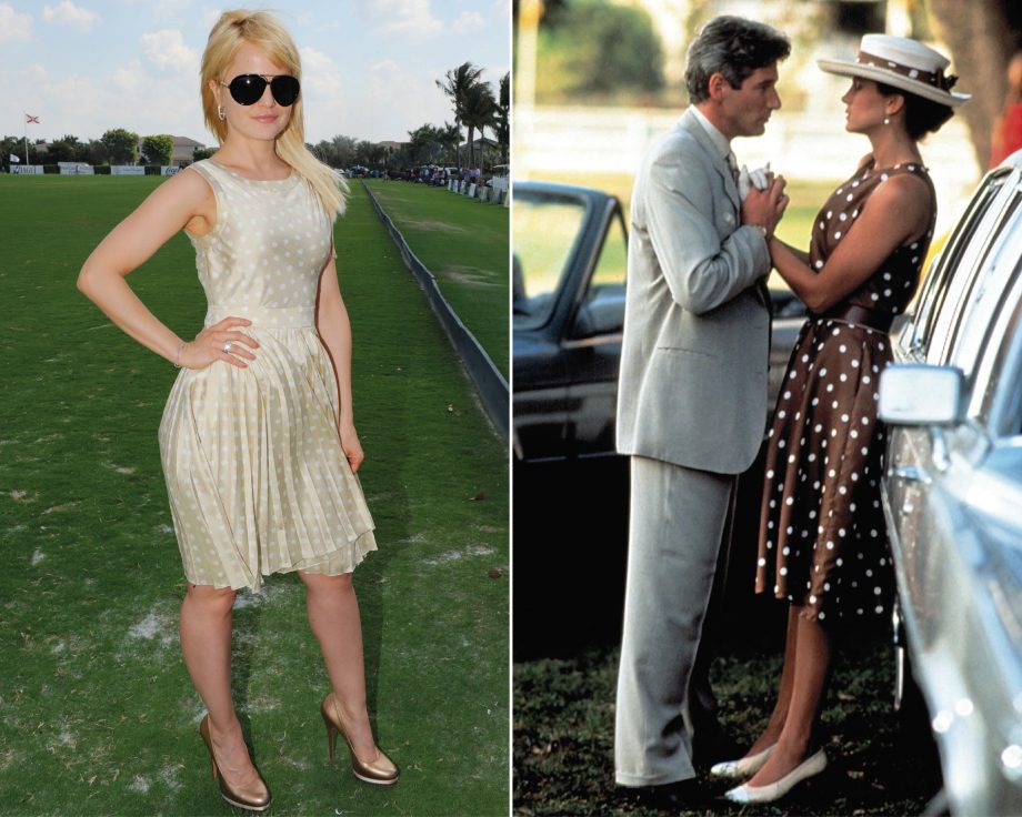 Mena Suvari in polka dots at the polo, left, a shot of Julia Roberts wearing a polka dot dress in Pretty Woman