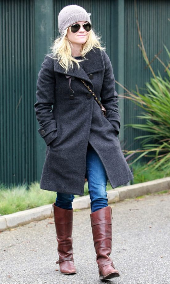Reese Witherspoon Keeps Stylish In The Big Chill Wearing A Classic Grey Coat And Knee-High Boots, 2011