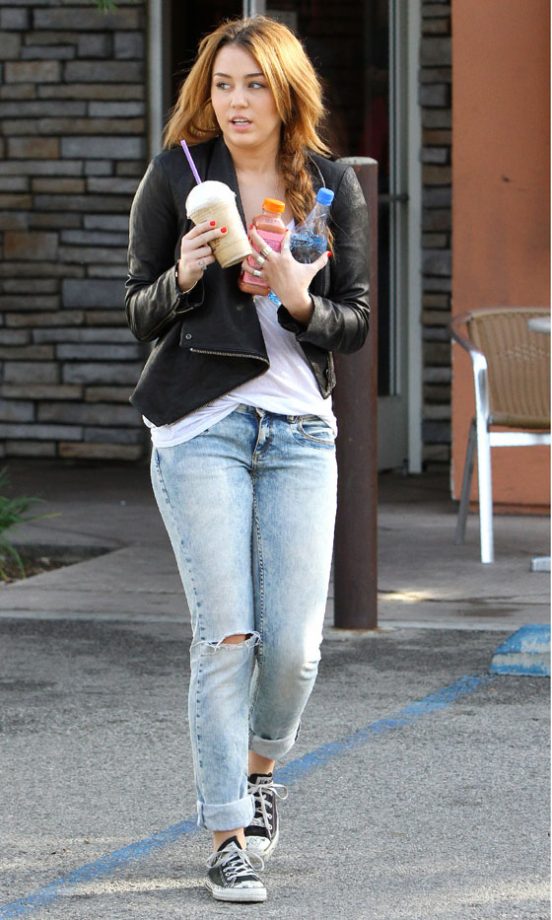Miley Cyrus Dresses Down In Jeans And A Leather Jacket, 2011
