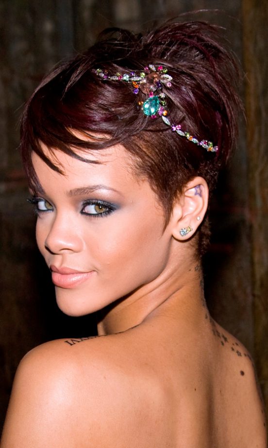 Rihanna Proves Adds A Multi-Colour Jeweled Hair Accessory To Her Pixie Crop At The 3rd Annual Cartier Love Day In New York, 2008