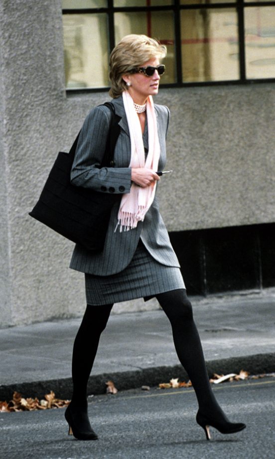 Princess Diana Brightened Up Her Demure Skirt Suit And Black Tights With A Pink Scarf, 1995