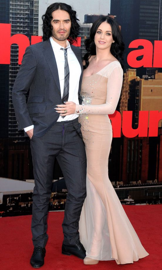 Katy Perry Wearing A Dress By Philip Armstrong With Russell Brand At The London Film Premiere Of Arthur, 2011