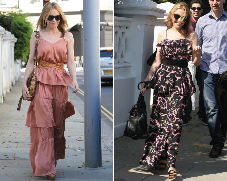 Kylie Minogue kick starts her summer wardrobe by wearing two similar maxi dresses while out and about in London