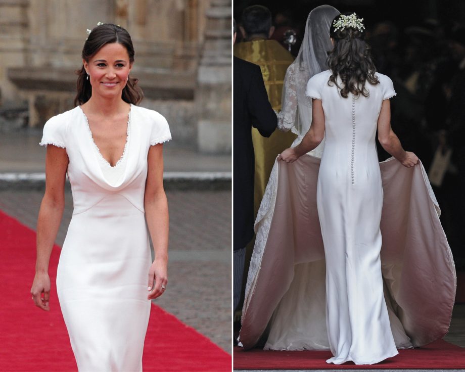Pippa Middleton Maid Of Honour white dress from the front and back. Designed by Sarah Burton