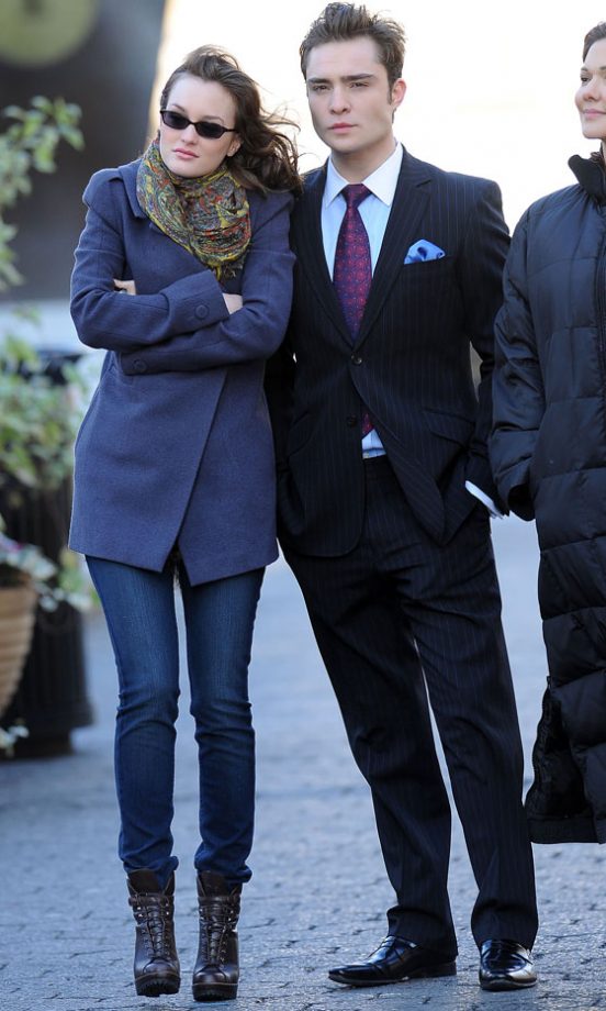 Leighton Meester On The Set Of Gossip Girl With Ed Westwick Who's Dressed In Character As Chuck Bass, 2009