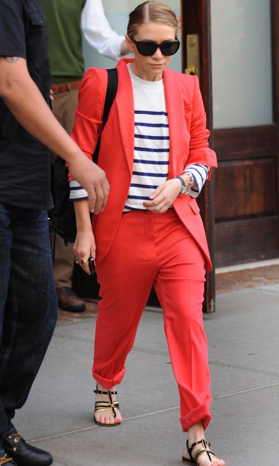 Ashley Olsen Embraces The Menswear Trend In A Coral Suit And Breton Stripes, April 2011