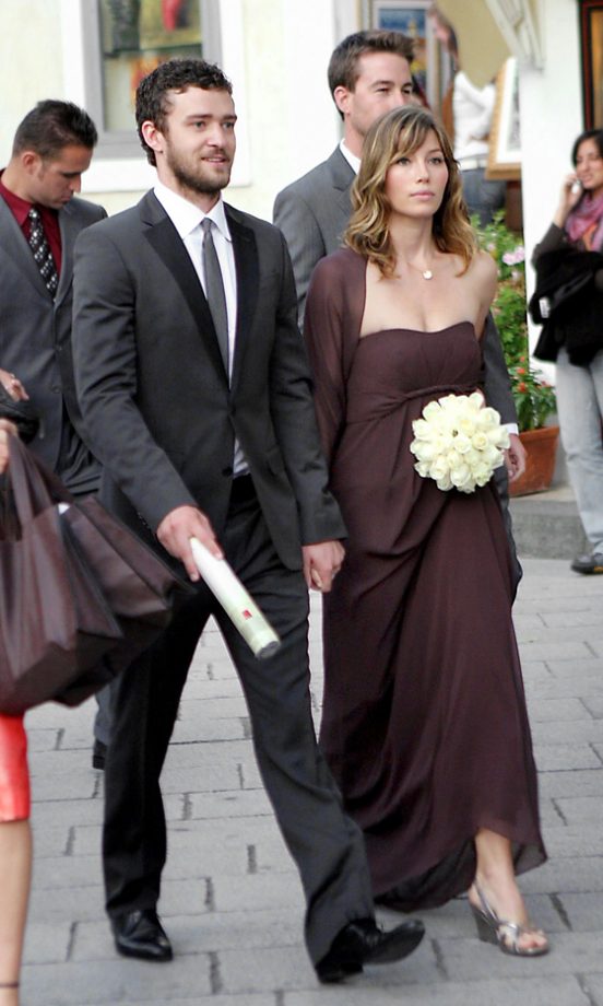 Justin Timberlake Accompanied Girlfriend Jessica Biel To The Wedding Of Beverley Mitchell, Where She Was A Bridesmaid, October 2008