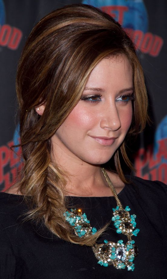 Ashley Tisdale Works A Relaxed Fishtail Plait Hairstyle To Show Off Her Statement Necklace, 2011