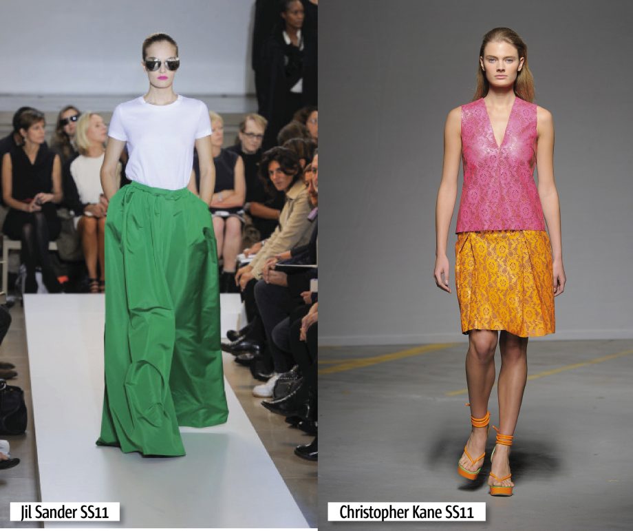 Colour block brights on the catwalks at Jill Sander and Christopher Kane.