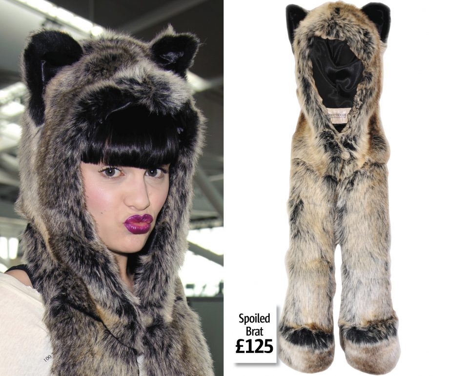 Jessie J at Gatwick airport wearing a fur hood with bear ears from Spoiledbrat.co.uk