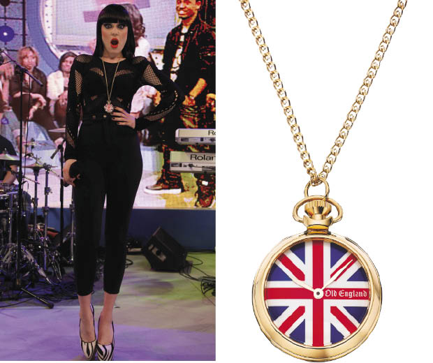 Jessie J wearing a union jack pocket watch necklace by Old England Watches, £120