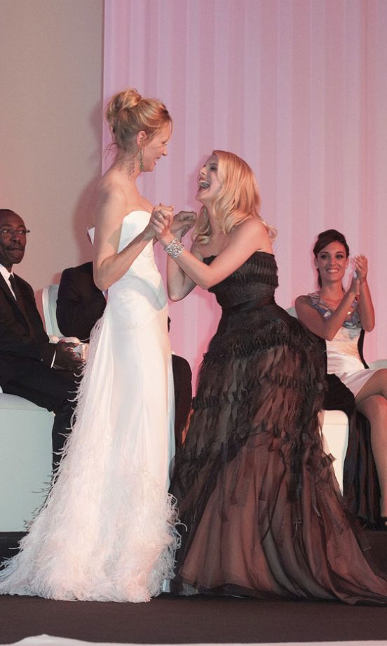 Uma Thurman Congratulates Melanie Laurent After She Opens The Ceremony At The 64th Cannes Film Festival, 2011