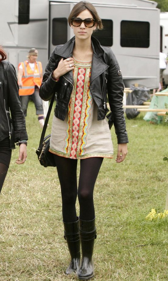 Alexa Chung Teams Her Wellies With A Boho Mini Dress And A Biker Jacket For Glastonbury Festival, 2008