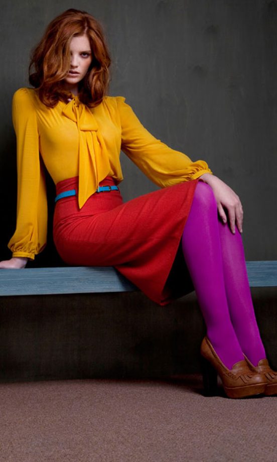 Primark Mustard Pussy-Bow Blouse, £10, Wool Pencil Skirt, £14, Pink Tights, £2, Loafers, £16