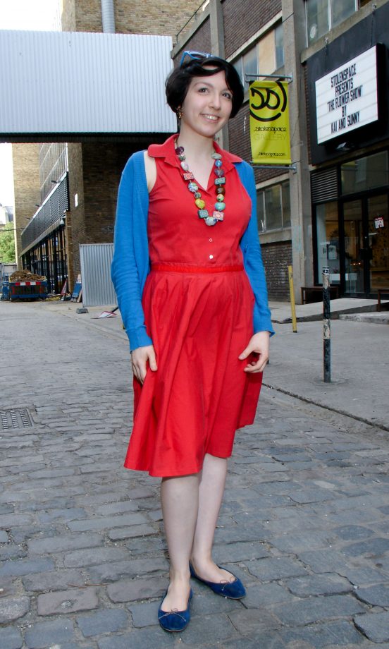 Jacques Street Style: Eloise Wears A Red Dress And Ballet Flats From Zara And A Cardigan From H&M, 2011