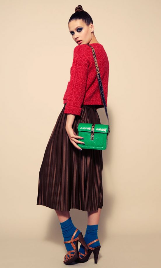 River Island Jumper, £35, Skirt, £29.99, Bag, £29.99, Socks, £3.50, Shoes, £44.99 - In Store Only