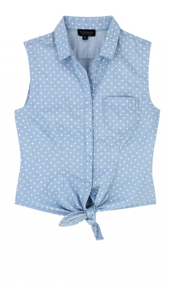 Topshop Spot Tie Front Sleeveless Denim Shirt, £26