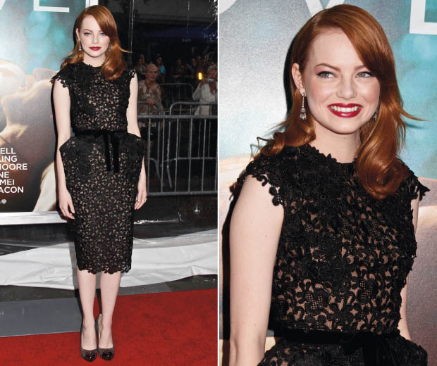 Emma Stone wears a black lace Tom Ford dress and Christian Louboutin shoes at the Crazy Stupid Love premiere in New York