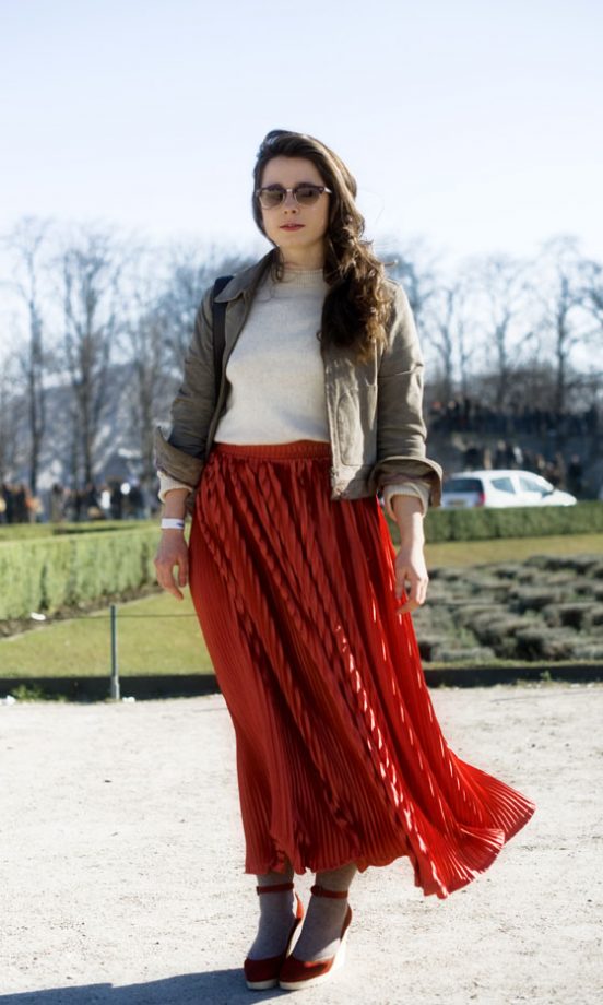 Taken In Jardin Des Tulieries, We Love This Pleated Red Skirt With Grey Tights And Red Wedges