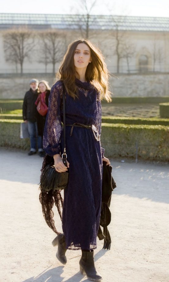 Model Ruby Aldridge Looks Chic On The Streets Of Paris In This Purple Lace Dress And Boots