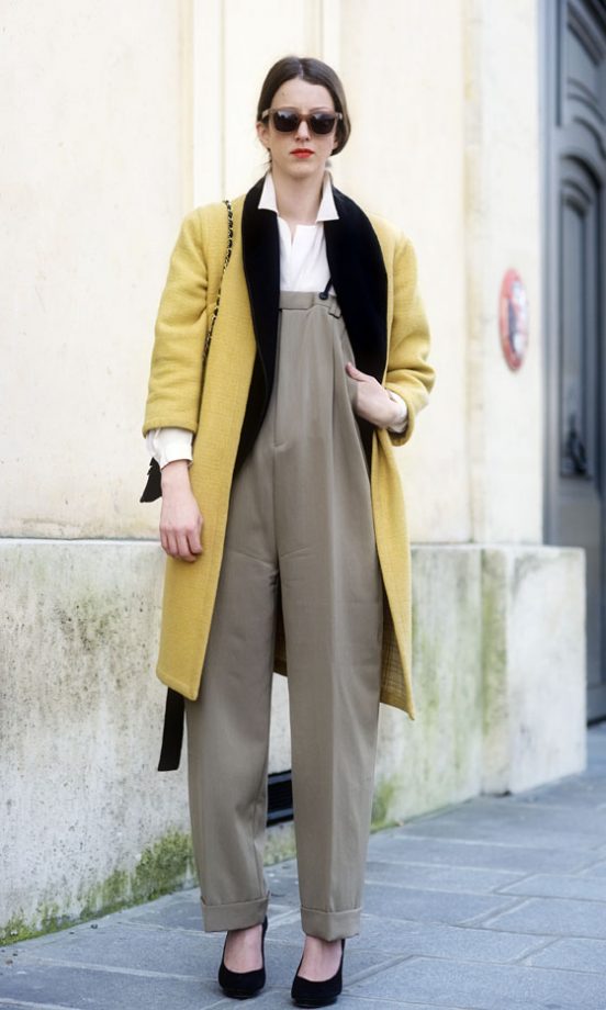 These Grey Pinifore Trousers Held Up By Braces With The Mustard Coat Is How Parisian Fashion Should Be!