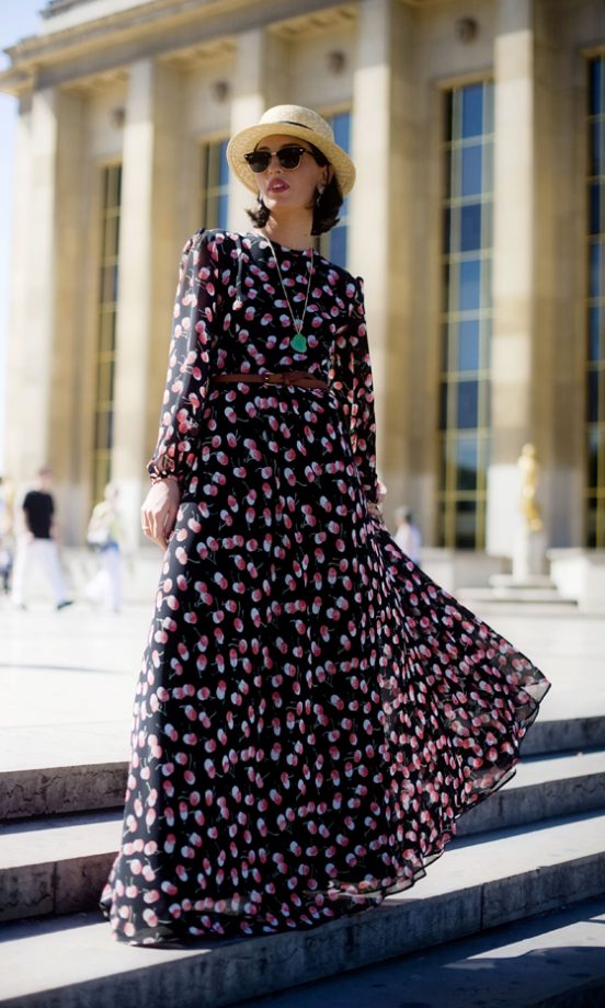 Fellow Street Style Snapper Natuka Karkashadze Wears A Fabulous Cherry Print Maxi Dress In Paris