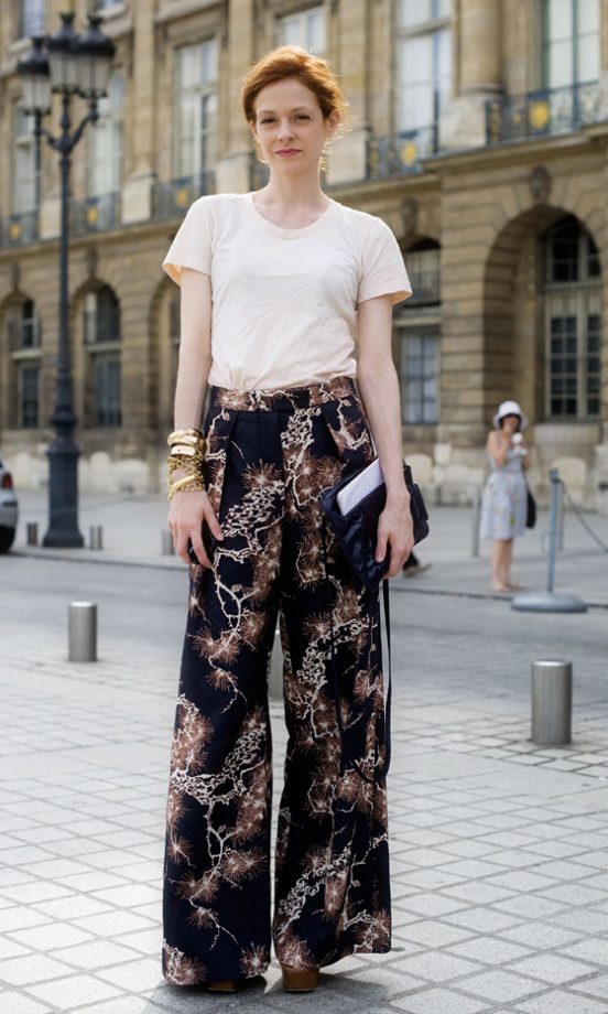 Writer Stephanie LaCava Makes A Statement In Patterned Palazzo Trousers For Paris Fashion Week