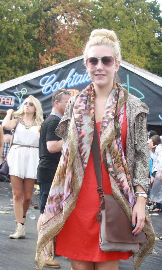 Becky Wears An H&M Dress, Primark Coat, Kangol Bag And BHS Bangles At V Festival 2011
