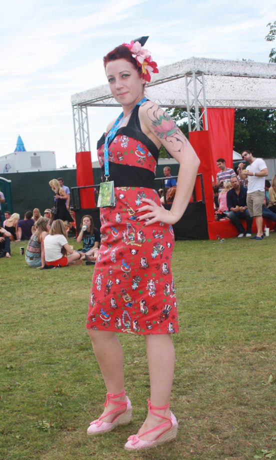 Jodie Wears A Dress Brought From Amazon, New Look Espadrilles And A Headscarf From her Local Shop At V Festival 2011