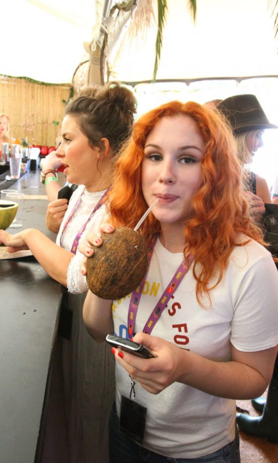 Katy B Enjoys A Well-Deserved Coconut Rum Cocktail In The Mahiki Tent Backstage At V Festival 2011