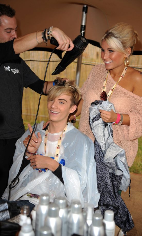 Harry Derbidge Enjoys A Spot Of Pampering With Billie Faiers Backstage At The Virgin Media Louder Lounge, V Festival 2011
