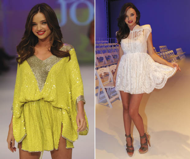 Miranda Kerr in a sequin dress on the David Jones catwalk, left, and after the show in a lace dress, right