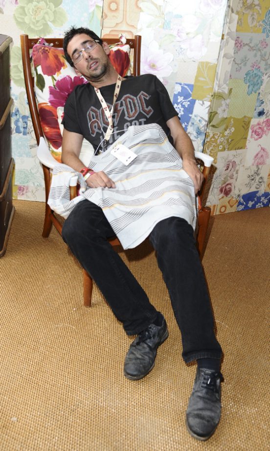 Colin Murray Asleep Backstage At The Virgin Media Louder Lounge, V Festival 2011