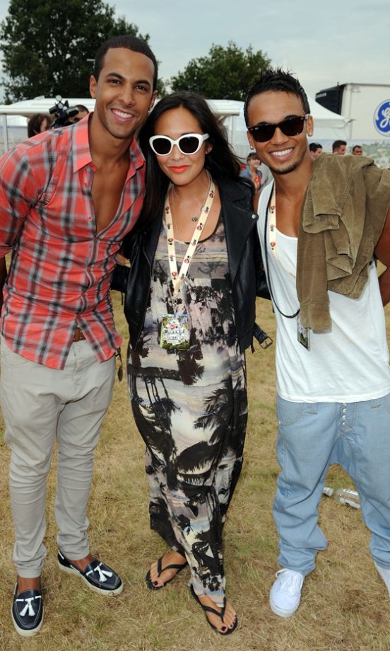 Marvin Humes, Myleene Klass And Ashley Merrygold Backstage At The Virgin Media Louder Lounge, V Festival 2011