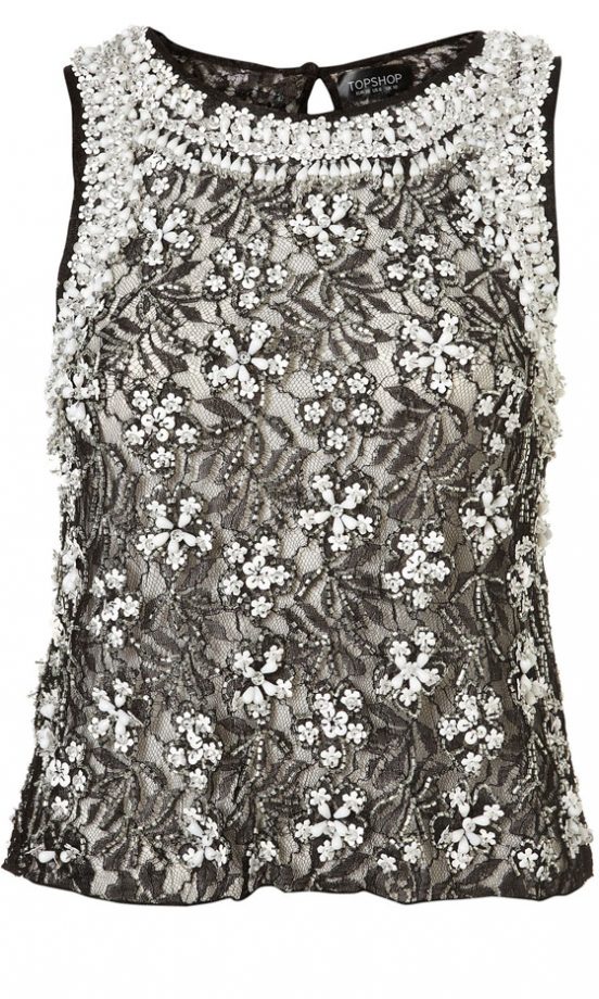 Topshop Black Lace Contrast Embellished Shell Top, £45