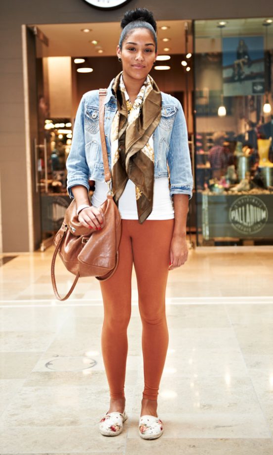 Chenice Coles Wearing Miss Selfridge Leggings With A Primark Scarf, Bag And Jacket