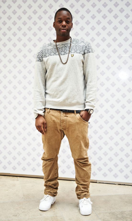 Kurtis Jarrett Wearing A Lyle And Scott Jumper With G Star Trousers
