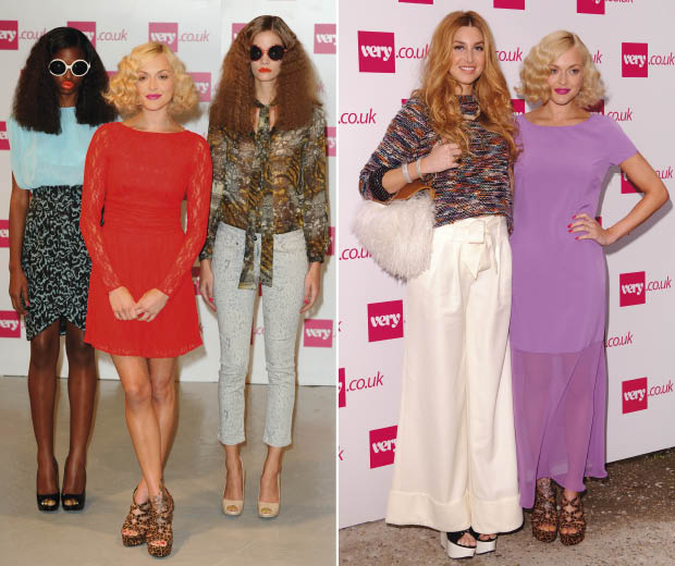 Fearne Cotton with models, left, and with Whitney Port, right, at her SS12 Very.co.uk show during London Fashion Week