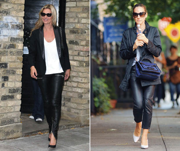 Kate Moss and Sarah Jessica Parker both wearing black leather trousers