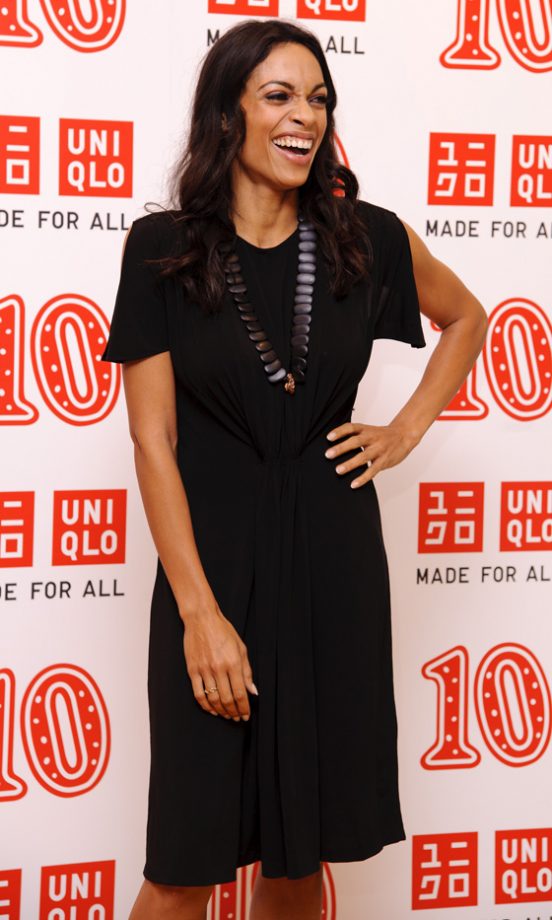 Rosario Dawson Adds Interest To Her Little Black Dress With A Statement Necklace At Uniqlo’s 10th Anniversary Party 2011