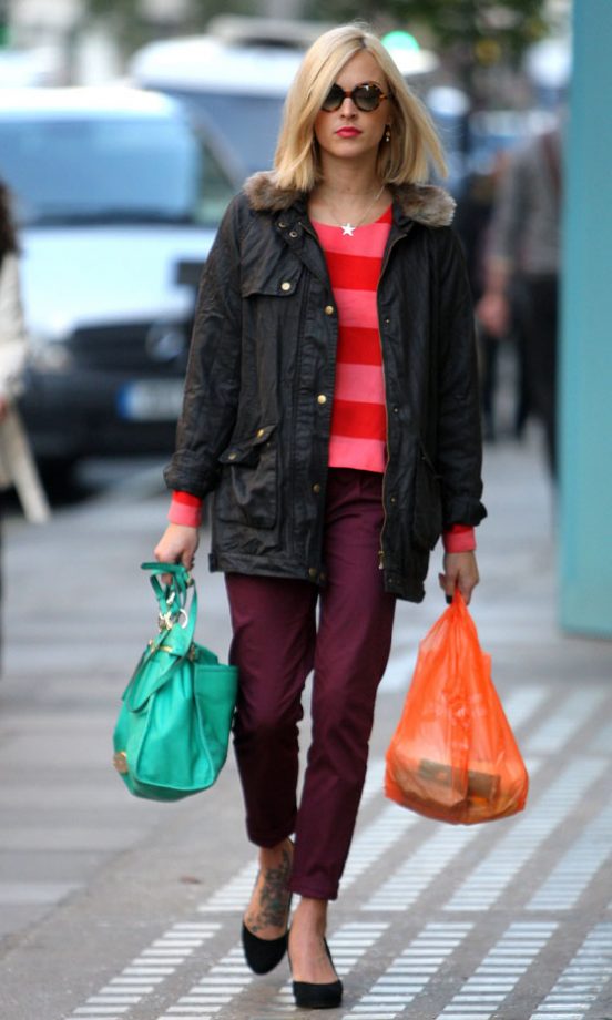 Fearne Cottons Works This Season's Hottest Trends In Colour Block Stripes, Burgundy Jeans And A Heritage Coat, 2011