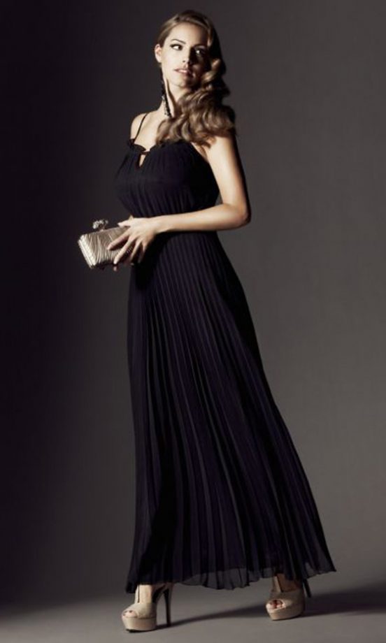 Kelly Brook Wearing A Stunning black Maxi Dress, £44.99 From New Look’s Christmas Party Dress Collection 2011